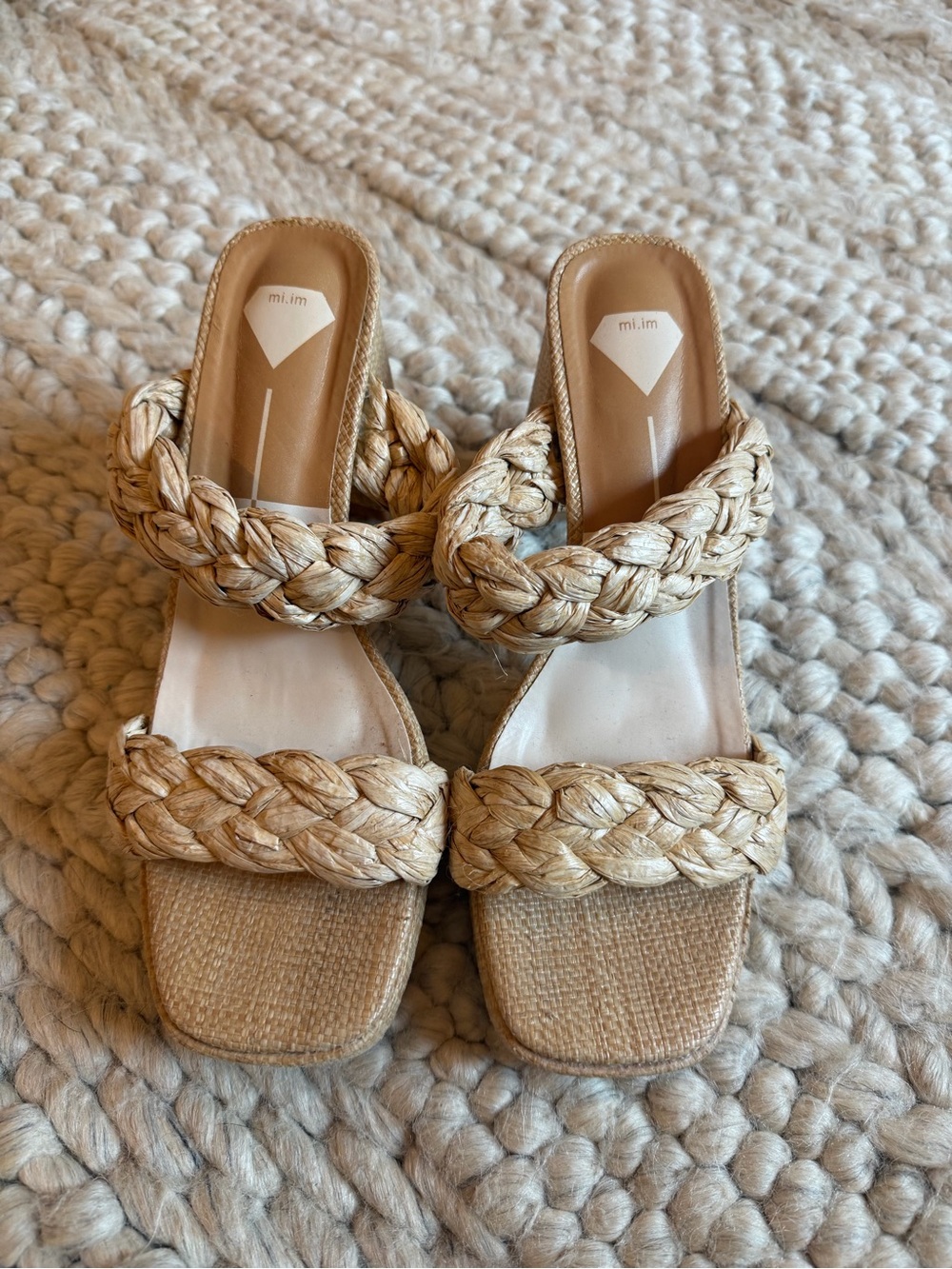 Mi.iM Braided Two-strap Slide Heels in Natural Straw